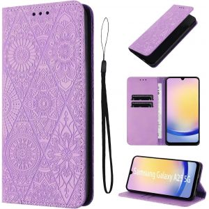 Kal-Étui Pour Samsung Galaxy A25 5g 6.5 Pouces Cuir Artificiel Coque Samsung A25 5g Avec Fente Pour Carte Coque Samsung A25 Motif De Fleurs Béquille Housse Violet - Neuf