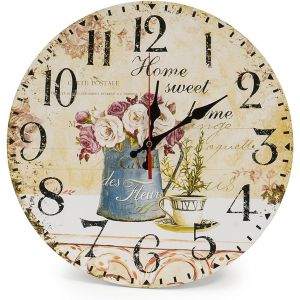ERYI-30Cm Vintage Horloge Murale Rustique, Silencieuse En Bois Cadran Horloge Minuteur Pour La Maison Salon Chambre Bureau Café Bar Decor (Café Et Fleur) - Neuf