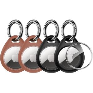 Airtag Porte Clé [Lot de 4] Coque de Protection pour Airtags 2021 [avec Couvercle TPU Ttransparent] [Anti-Perte &Anti-Chute & Anti-Rayures] pour Clés/Sacs/Chat/Chien,etc- 2 Noir+2 Brun - Neuf
