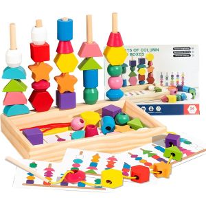 ChenQuanSarl-Montessori Jouet À Partir De 2, 3, 4, 5 Ans, 3 En 1 Jouets De Perles De Laçage En Bois,Empilable Y Enfiler Jouet,Perles De Laçage Éducative - Neuf