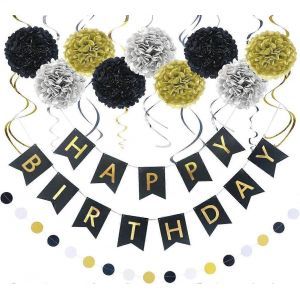 D&eacute;corations D'anniversaire,D&eacute;corations De Joyeux Anniversaire Noir Et Or Pour Les Femmes,Banni&egrave;res De Joyeux Anniversaire,Tourbillons Suspendus,Guirlande De Papier Et Fleurs Pour Les Enfants - Neuf