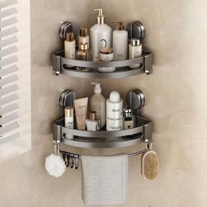 Etagere Douche Angle Ventouse, Etagere Angle Salle De Bain sans Percage avec Porte Serviettes et Crochets Rangement et Organisation de La Salle de Bain Support Gel Douche(2 Pi&egrave;Ces, Gris) - Neuf
