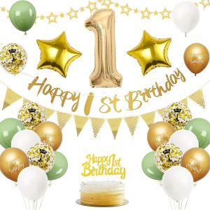 Decoration Anniversaire 1 an,Ballon Anniversaire 1 an Vert et Or,Deco Anniversaire 1 an,Ballon 1 an Anniversaire de Fête,Ballon 1 an,Ballon Décoration Anniversaire pour 1 an Garcon Fille - Neuf