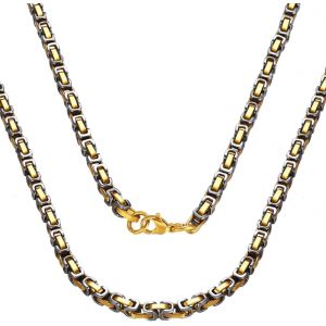 Trahoo-Collier Homme Chaîne Byzantin En Acier Inoxydable,Largeur 4mm Collier Biker Homme Mécanicien Style 18-30"" Collier Bicoloré Argent/Or/Noir Solide Collier Chaîne De Roi Byzantin - Neuf