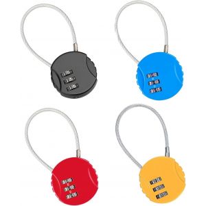 4 Pcs Cadenas Code, Petit Cadenas à Code Cable, Cadenas avec Combinaison à 3 Chiffres Réinitialisables, pour Valise Sac de Voyage Casier (Noir, Rouge, Bleu, Jaune) - Neuf