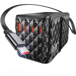 Adaptateur de Voyage Universel 65W avec 2 USB-A et 3 USB-C, Charge Rapide pour t&eacute;l&eacute;phone, Ordinateur Portable, Adaptateur de Prise de Voyage International pour UK, EU, AU, US, Noir - Neuf