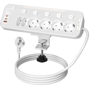 Pd20W Electric Table Power Strip With 6 Sockets, Pd20W Multi-Socket With Switch, Surge Arrester And Surge Power Strip With Fixed Aluminium Desk Stand, 2 M Cable, White - Neuf