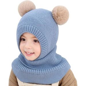 Cagoule Bébé Fille Garçon Mignon Chapeau (Bleu) Écharpe Hiver Chaud Cache-Oreilles Chapeaux Tricotés Pour Enfants Double Pompon Cagoule Cagoule Pour Ski Snowboard - Neuf