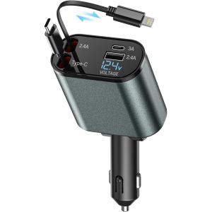 4 en 1 Chargeur de Voiture Retractable 120W Chargeur Voiture Rapide Chargeur Allume Cigare USB C avec Affichage de La Tension pour V&eacute;hicules 12 V/24 V, Compatible avec Smartphone, Tablette - Neuf