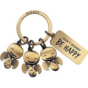 KAL-Porte-Clés Ange Gardien Happy Trio Avec Gravure U2013 Cadeau Ange Porte-Bonheur Motivation U2013 Don'T Worry Be Happy - Neuf
