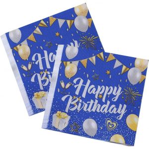 Kal-40 Pièces Serviette Papier Anniversaire, 33 * 33cm Serviettes Happy Birthday Bleu Or Papier Decoration Table Anniversaire, Pour Fête D'anniversaire Décoration De Table (Bleu Or) - Neuf
