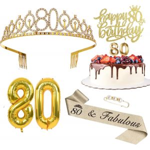 CAUC-Décoration pour 80e anniversaire femme, couronne et écharpe Happy Birthday, décoration de gâteau et bougies, ballon en aluminium doré 80, cadeau d'anniversaire pour femme de 80 ans - Neuf