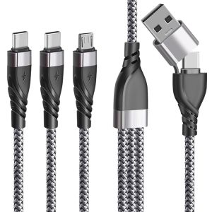 KALANKA-C&acirc;ble Chargeur Multi Embout, 5 en 1 Universel C&acirc;ble Multi USB A/C [1.2M] C&acirc;ble multi chargeur de Chargement avec 2*Type C+Micro USB Connecteur pour Phone 16/15 Android Samsung Galaxy Huawei H - Neuf
