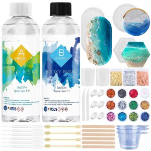 Mevronisshop-Kit De R&eacute;sine &Eacute;poxy 474 Ml Avec Moules Pour Dessous De Verre, R&eacute;sine De Moulage Et De Rev&ecirc;tement Pour La Fabrication De Bijoux, La Conservation Des Fleurs, Avec 3 Feuilles D'or, 12 Paill - Neuf