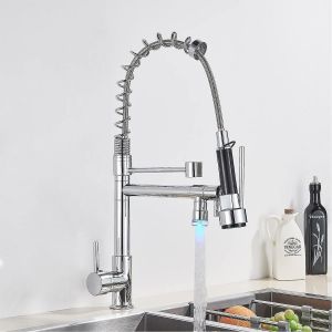 Robinet de cuisine &agrave; douchette extractible avec indicateur de temp&eacute;rature LED et double jet - Neuf