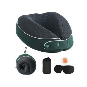 Oreiller de voyage en mousse &agrave; m&eacute;moire de forme avec masque pour les yeux et bouchons d'oreilles - Vert, 27 x 24 x 10 cm - Neuf