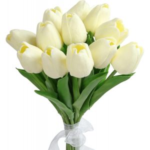 12Pcs Tulipe Artificielle Blanche, Fleurs Artificielles en Latex, Bouquet Fleur Artificielle, Fausse Tulipe Fleurs Artificielles Haut de Gamme pour Deco Mariage Jardin Maison Fête - Neuf