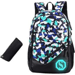 Promotion d'hiver,sac d'école sac à dos 20L sac d'école de mode avec étui à crayons fluorescent (bleu et blanc) - Neuf