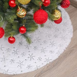 90cm Blanc en Peluche Jupe d'Arbre de No&euml;l Arbre de No&euml;l Couvercle du Socle avec des Flocons de neige d'Argent No&euml;l Jupe d'Arbre de No&euml;l, D&eacute;corations d'Arbre de Tapis (Argent, 90cm/35 pouces) - Neuf