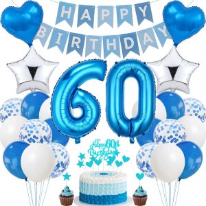 D&eacute;coration D'anniversaire 60 Ans - Bleu - D&eacute;coration De G&acirc;teau Pour Hommes Et Femmes - D&eacute;coration De F&ecirc;te Argent&eacute;e - D&eacute;coration D'anniversaire 60 Ans - Neuf