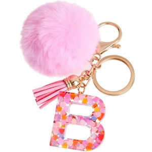 KAL-Porte-Clés Rose Avec Lettre Porte-Clés Fille Initiale Cadeau Femmes Porte-Clés Boule De Poils Décorer Pour Sac Sac À Dos Porte-Clef Gland Or Porte-Clef Femme - Neuf