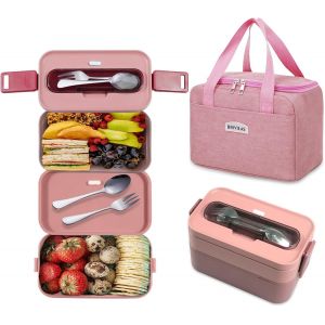 Mevronisshop-Bento Lunch Box Kit, 1600 Ml Double Couche Boite Repas Avec Couverts + Sac Isolant, Anti Fuite Bento Box Pour Pique-Nique, Travail, Goûter, Boîte À Lunch Micro Ondes - Neuf
