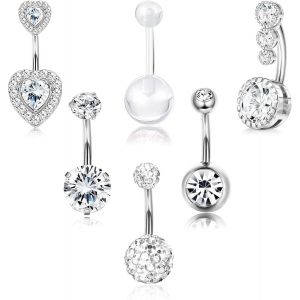 6pcs 14g Piercing Nombril Acier Chirurgical Courts Arcade Grossesse Perles Cz Boule Argent Percing Au Nombril - Neuf
