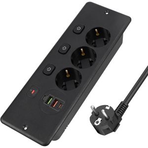 Prise Encastrable de Table avec 2 USB-A et 2 Type-C,Multiprise Intégrée 3 Prises avec Câble 1.8m et Interrupteur Séparé,Prise de Table,Multiprise pour Meuble ou Plan de Travail,Noir - Neuf