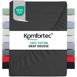 Kalanka-Drap Housse Lit 180x200 Cm - Jersey 100% Coton 135g/M² - Certifié Oeko-Tex - Bonnet 30 Cm - Drap Lit Avec Élastique Pour Matelas Épais - Anthracite - Neuf