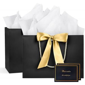 Pochette Cadeau Papier - 2 Pi&iquest;&iquest;ces Sac Emballage Cadeaux Grand Format Avec Anse, Gift Bag Paquet XXL Luxe Avec Noeud + 2 Cartes + 4 Mouchoirs Pour F&iquest;&ordm;te d'Anniversaire, Mariage (Noir-Gold) - Neuf