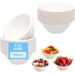 Checarzhn--No1-50 Pièces Vaisselle Jetable Bol 260ml Écologique Saladier Soupe Dessert Biodégradable Compostable En Sugarcane Bagasse Blanc - Neuf