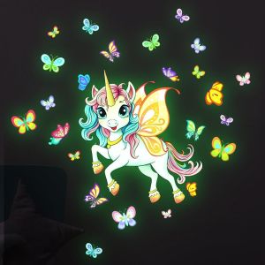 CAUC-Licorne Étoile Lumineuse Plafond Stickers Muraux Fluorescente Licorne Autocollant Mural Papillons Décoration Murale Chambre Fille Enfants Bébé Pépinière Salon Vert - Neuf
