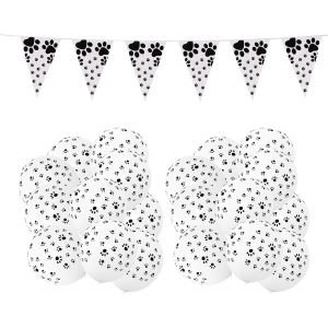 Cauc-20 Ballons Avec Empreintes De Pattes De Chien, 1 Drapeau, Kit De D&eacute;coration D'anniversaire, Ballons En Latex Pour Animaux De Compagnie, Noir/Blanc - Neuf