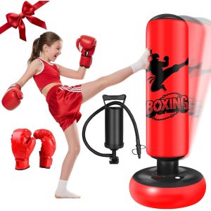 Sac De Frappe Enfant 160cm Punching Ball Enfants Avec Gants De Boxe Ultra-R&eacute;sistant Pvc Gonflable Sac De Boxe Cadeaux Pour Gar&ccedil;ons Et Filles 3-12 Ans Pour Pratique Du Karat&eacute;, Taekwondo - Neuf