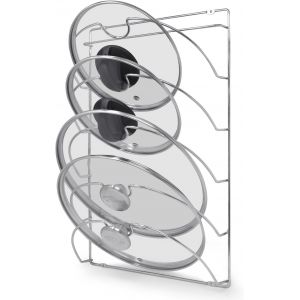 Jexnovashop-Joejis Rangement Couvercle Casserole Pour Placard Ou Mural - 2 En 1 Autoadh&eacute;sif 3m Sans Percage Ou Option &Agrave; Vis - Support Couvercle Cuisine 5 Places - Porte Couvercle Placard - Chrom - Neuf