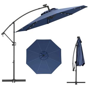 Parasol D&eacute;port&eacute; 3m Rotatif 360&deg; Avec 24 Lumi&egrave;res Led Solaires Inclinable Et R&eacute;glable En Aluminium Bleu Fonc&eacute; Helloshop26 20_0013012 - Neuf
