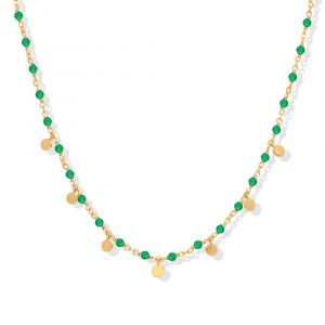Collier Argent Dor&eacute; Petites Perles Pampilles Et Pierre Onyx Vert - Neuf