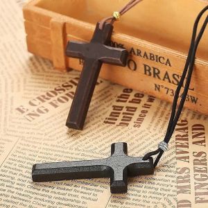 Croix Crucifix Bois Pendentif Colliers Pour Hommes Femme Noir Marron Pull Chaîne 90cm Corde Cordon Religieux Unisexe Bijoux Straggle Steipos - Neuf