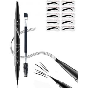 KALANKA-Crayon Sourcils 4 Pointes Fourche Résistant à l'Eau - Double Embout Ultra-Fin & Formule Anti-Tâches pour Sourcils Naturels (Gabarit & Brosse Professionnelle) (Noir) - Neuf