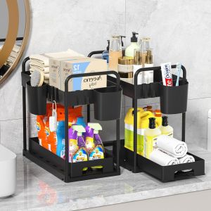 ChenQuanSarl-Rangement Sous Evier 2 Niveaux,Étagère Rangement Cuisine,Avec 4 Crochets Et 2 Gobelet Suspendu,Coulissant Organ ur Sous Évier Etagere Tiroir,Convient Pour La Cuisine Et La Salle De Bain - Neuf