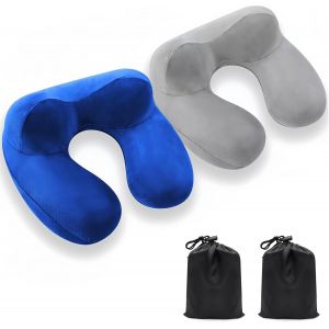 KALANKA-Coussin de Voyage Gonflable, 2 pièces, Coussin d'avion Portable, Petit Coussin de Cou en Forme de U, Compact avec taie d'oreiller, Lavable, pour Avion, Train, Voiture, Camping, Bureau, - Neuf