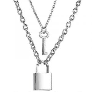 Serrure En Acier Inoxydable Clé Pendentif Collier Longue Chaîne Punk Multicouche Déclaration Colliers Ras De Cou Pour Femmes Hommes Garçon Filles - Neuf