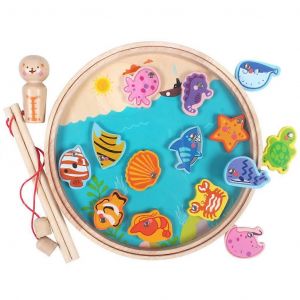 Jeu De Pêche En Bois Avec Plateau De Poissons, Jeu De Société Pour Enfants, Jouets Éducatifs, Jouet Magnétique, Pièces En Bois Avec Poisson Et Canne - Neuf
