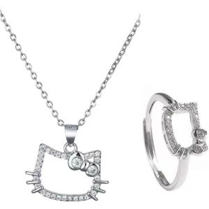 Kahfl-2 Pièces Bijoux Femme,Collier Chat,Collier En Forme De Chat,Bague En Forme De Chat Collier Femmes Bijoux Pour Les Femmes Filles,Mignon Chat Anneaux Femmes Bijoux,Cadeau Ado Fille(Kawaii) - Neuf