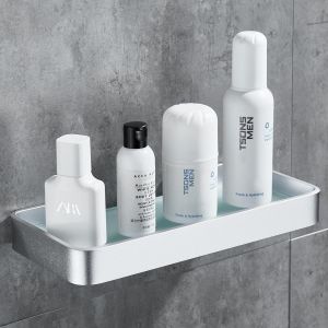 Étagère Douche Sans Percage Murale de Salle de Bain de Aluminium avec Amovible Etagere de Verre Trempé Antirouille Anti-moisissure utilisé pour Accessoires de Cuisine ou Bain ou WC 25cm Argent - Neuf