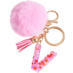 KAL-Porte-Clés Rose Avec Lettre Porte-Clés Fille Initiale Cadeau Femmes Porte-Clés Boule De Poils Décorer Pour Sac Sac À Dos Porte-Clef Gland Or Porte-Clef Femme - Neuf