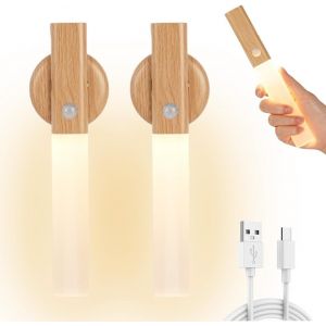 Applique Murale En Bois Avec D&eacute;tecteur De Mouvement, 2 Pi&egrave;ces Veilleuse Rechargeable Murale Int&eacute;rieur, Lampe Murale Sans Fil, Magn&eacute;tique Lampe De Chevet Murale Pour Escalier Chambre Couloir - Neuf