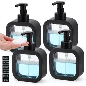 KAL-Distributeur De Savon Mousse, 4 Pièces 500Ml Distributeur Savon Noir, Distributeur Gel Douche En Plastique, Pousse Mousse Distributeur, Bouteille Savon Salle De Bain Avec Etiquettes - Neuf