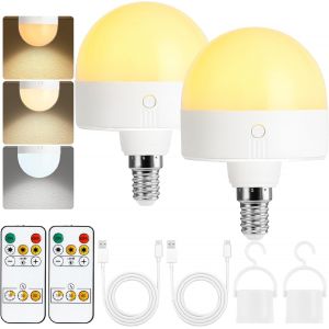 Sjzg-Ampoule Rechargeable Avec Minuterie Et T&eacute;l&eacute;commande, Ampoules &Agrave; Piles &Agrave; Intensit&eacute; Variable Avec Base Magn&eacute;tique, Ampoule Led E14 Amovible, Lampes Non C&acirc;bl&eacute;es Avec 3 (3colour, E14-2pc) - Neuf