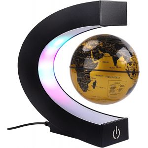 Globe magnétique flottant avec lumières LED colorées en forme de C ¿ Carte du monde rotative anti-gravité pour décoration de maison ou de bureau (avec interrupteur, doré), doré - Neuf